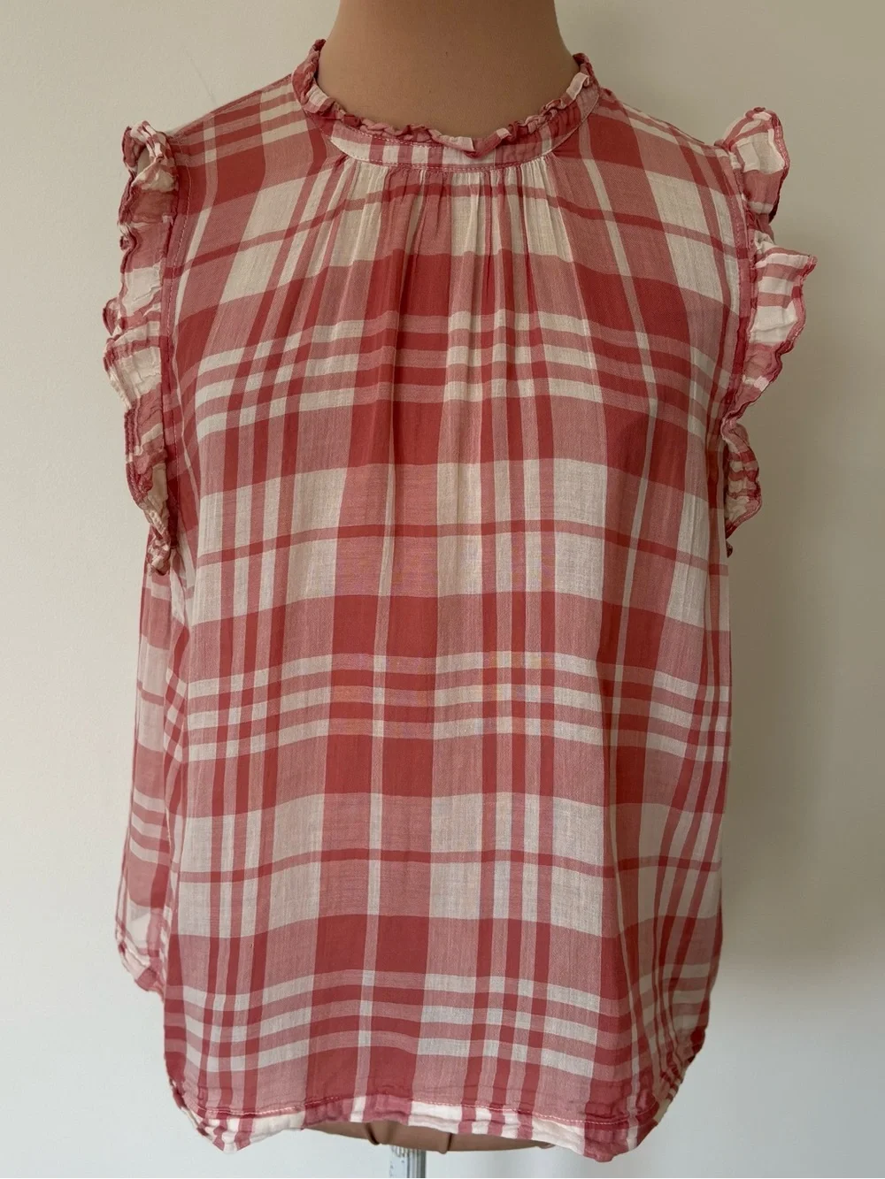 Anthropologie Isabella Sinclair Plaid Red Sheer Cotton Ruffle-Sleeve Top Sz M